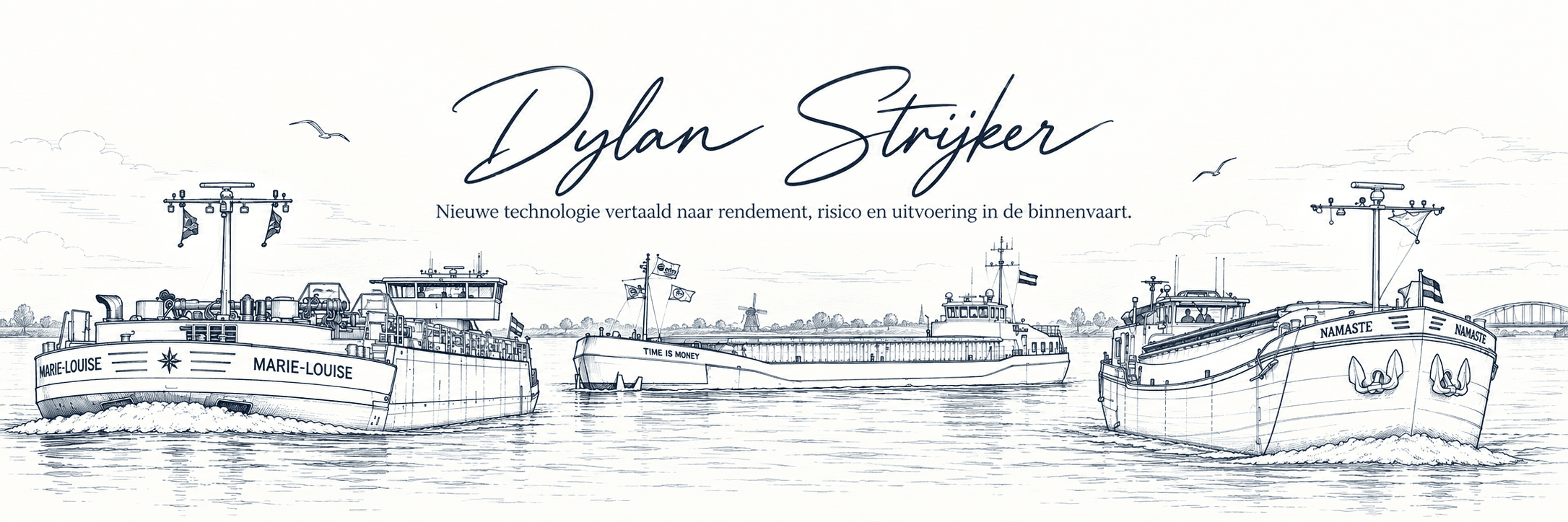 Dylan Strijker. Nieuwe technologie vertaald naar rendement, risico en uitvoering in de binnenvaart. De binnenvaartschepen Marie-Louise, TIME IS MONEY en Namaste.